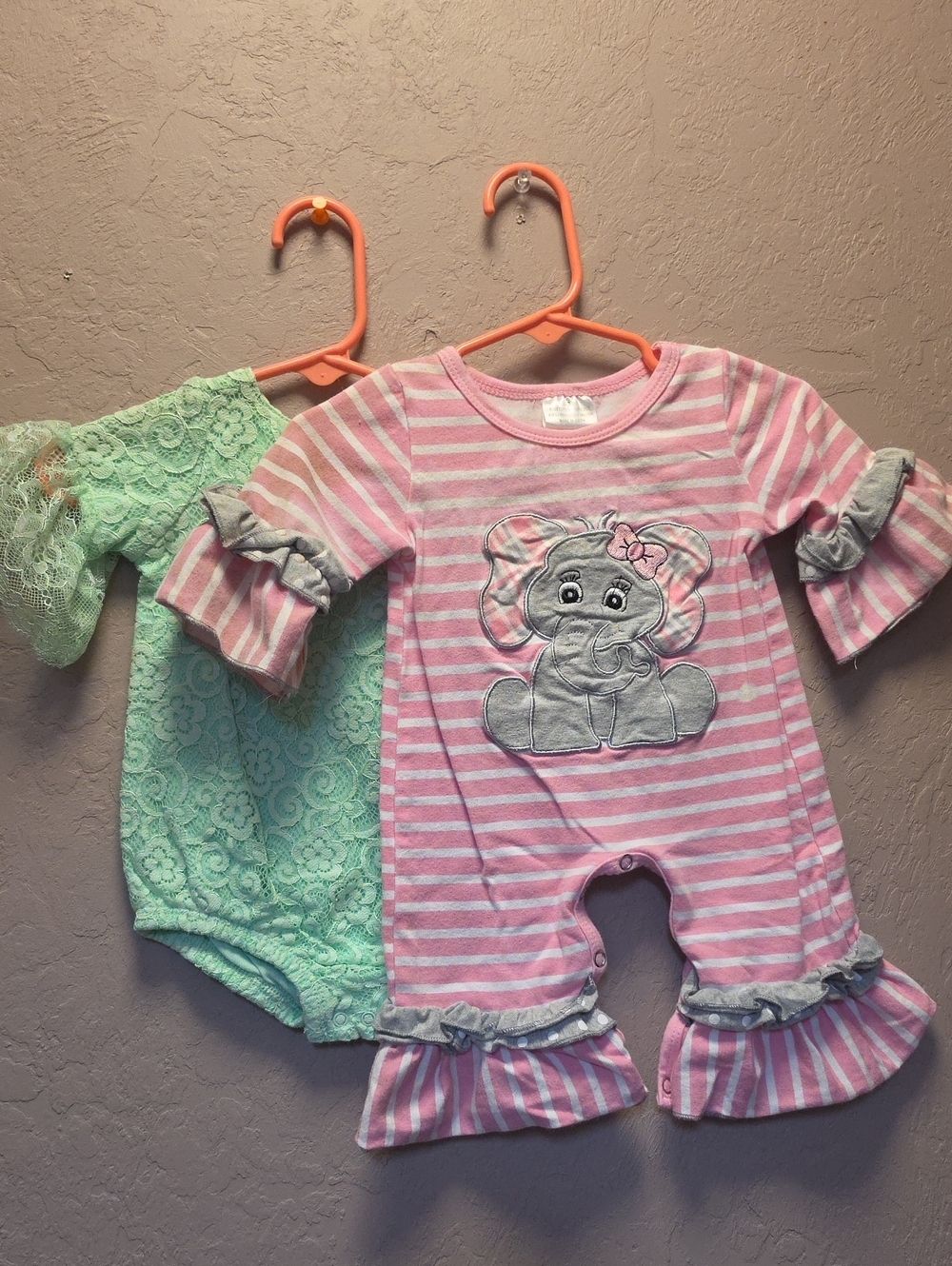 BABY GIRL'S Pink Stripe Elephant Ruffle One-Piece & MINT GREEN LACE ONESY 0-3M